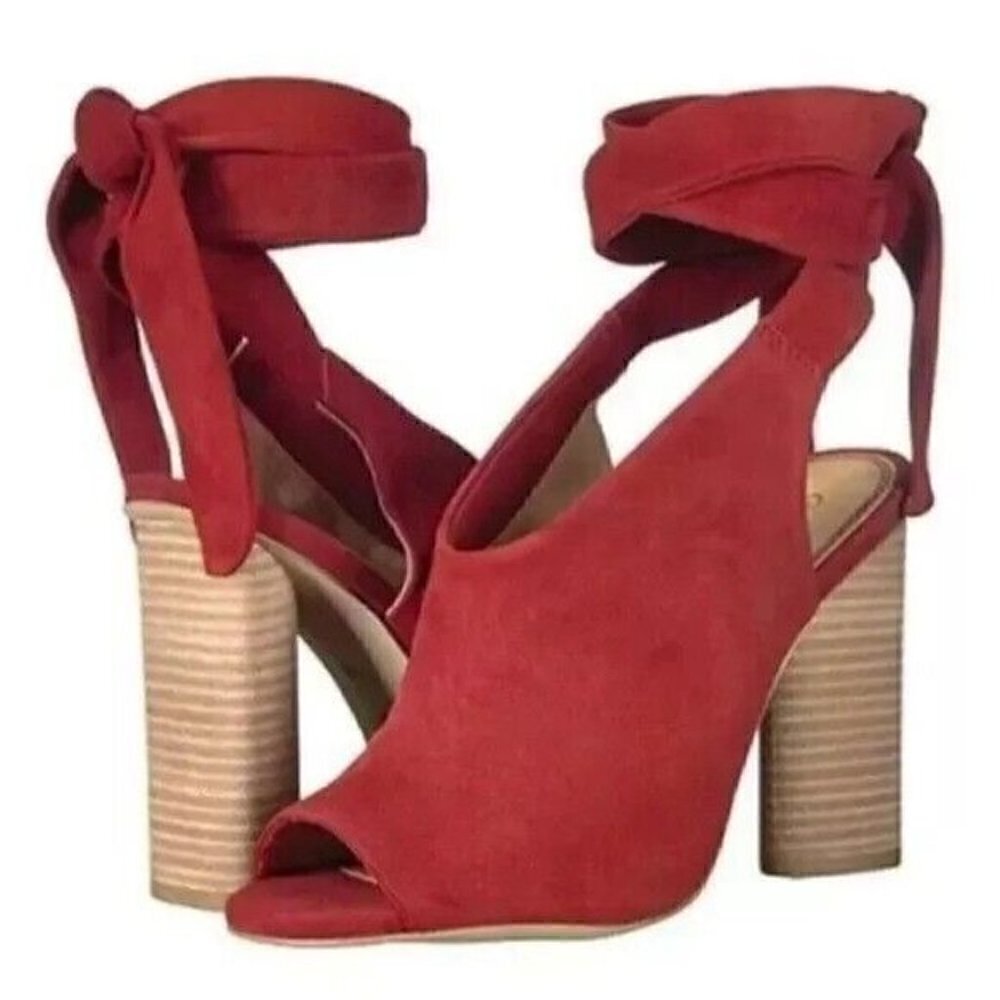Splendid Navarro Red Suede Ankle Lace Up Peep Toe Wrap Suede Heeled Sandals 7.5